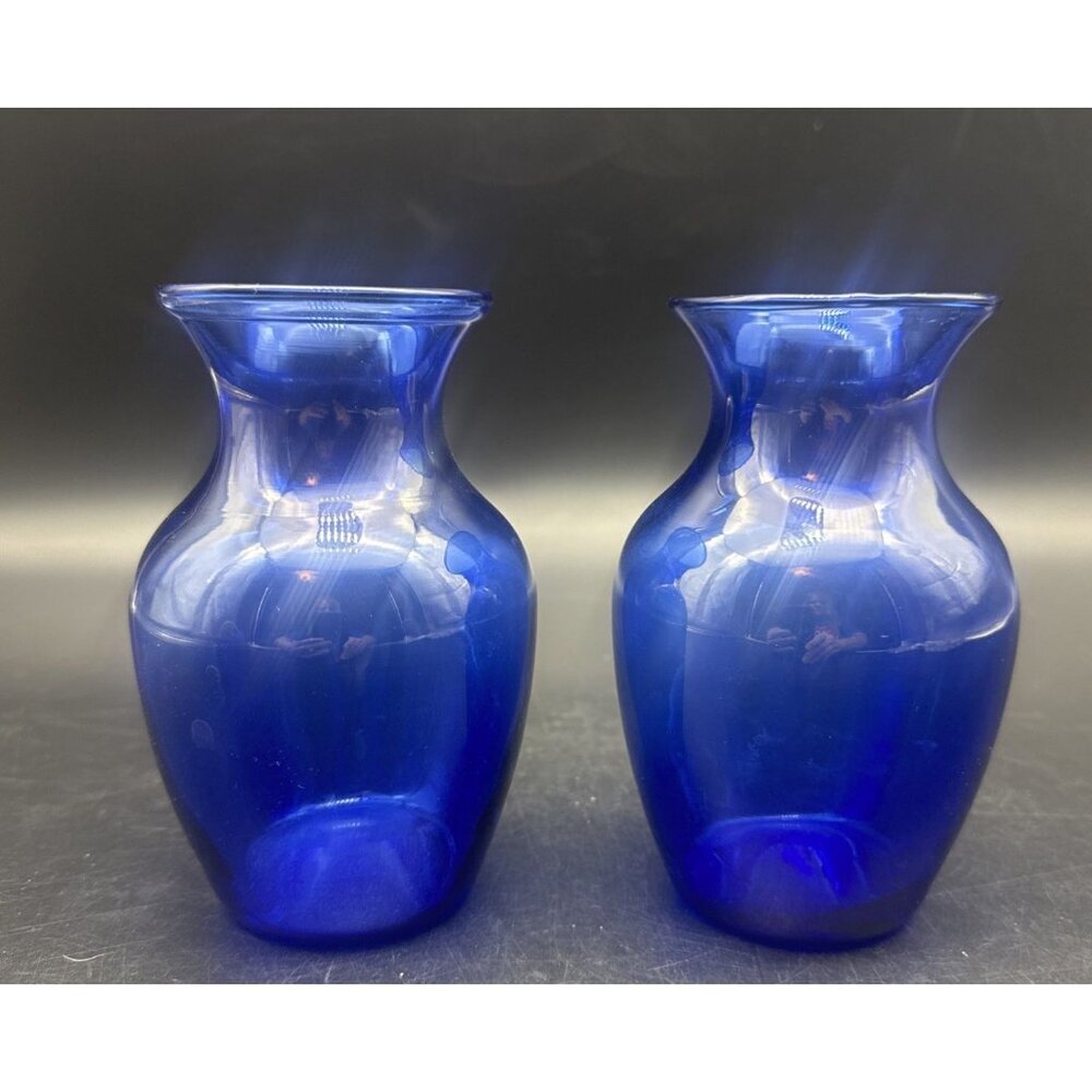 VTG Cobalt Blue Glass Flared Rim Flower Vase‎ 5.5" Set Of 2 MCM